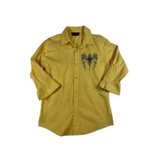 Patroncito USA Men's M Gold Yellow Angel Wings Cross Button Up Shirt Metallic